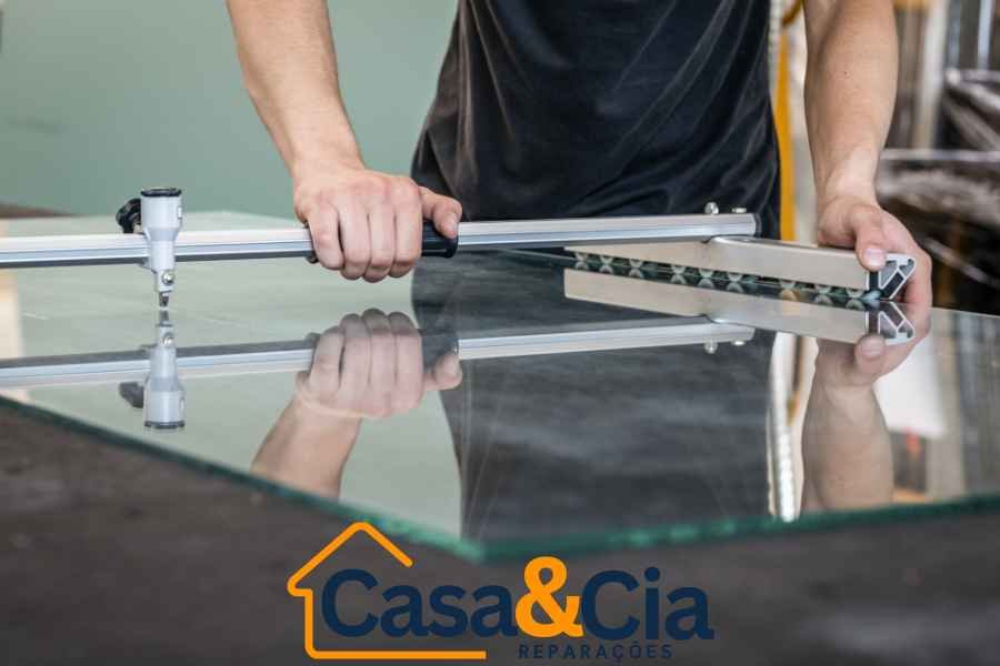 vidraceiro profissional cortando vidro com ferramenta de precisão, realizando um ajuste exato para projetos sob medida.